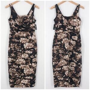 Express Satin Floral Midi Dress Ruched Drape Cocktail Wedding Size 4 Brown Black